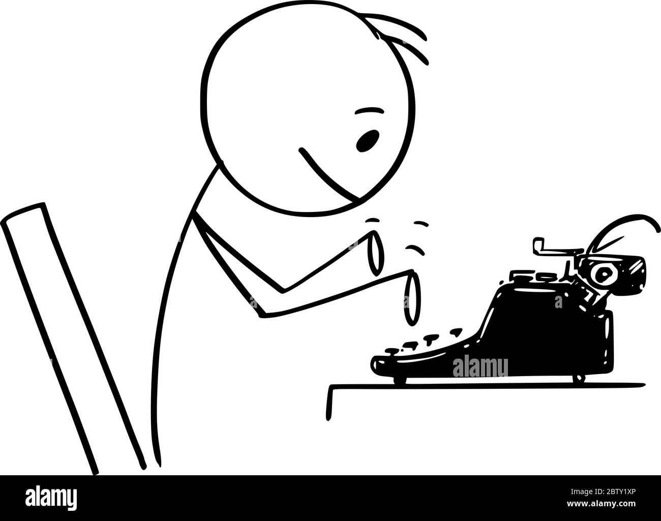 Vector cartoon stick figure drawing conceptual illustration of man, journalist, author or novelist typing on antique typewriter machine. Stock Vector