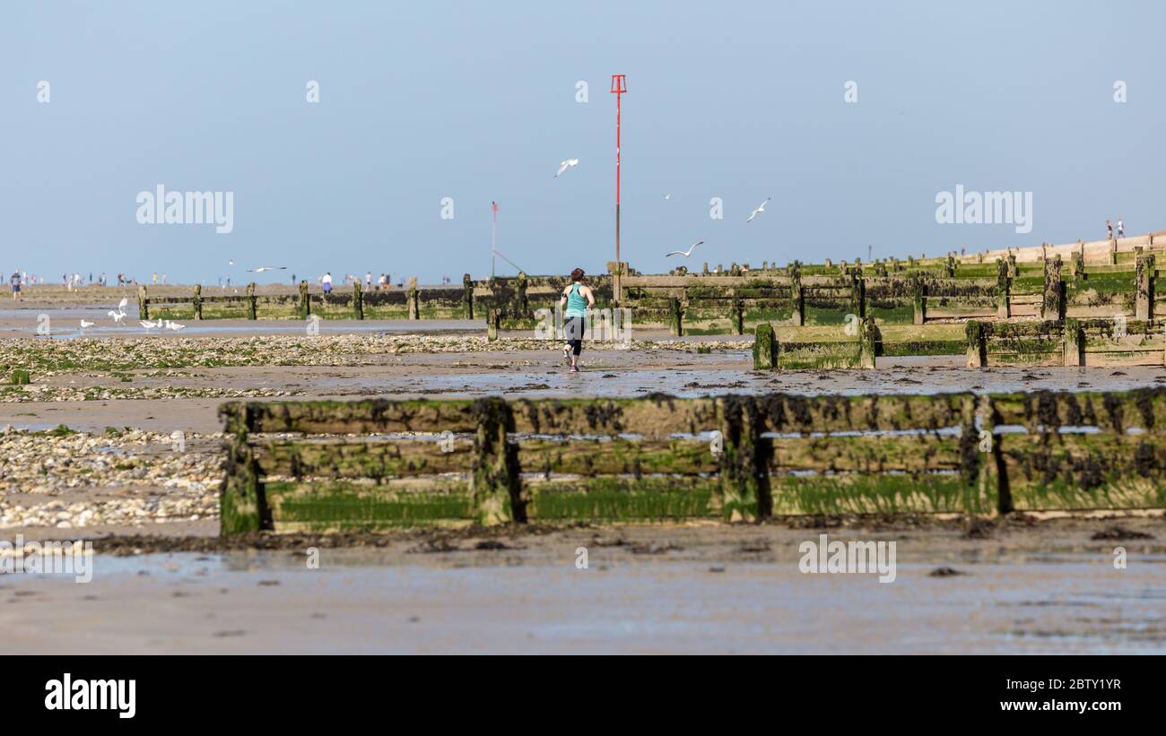 Rear View of Adult Woman Running Along a Beach Wearing Headphones.  Several Wooden Groynes are Visible.  There is a Blue Sky Stock Photo