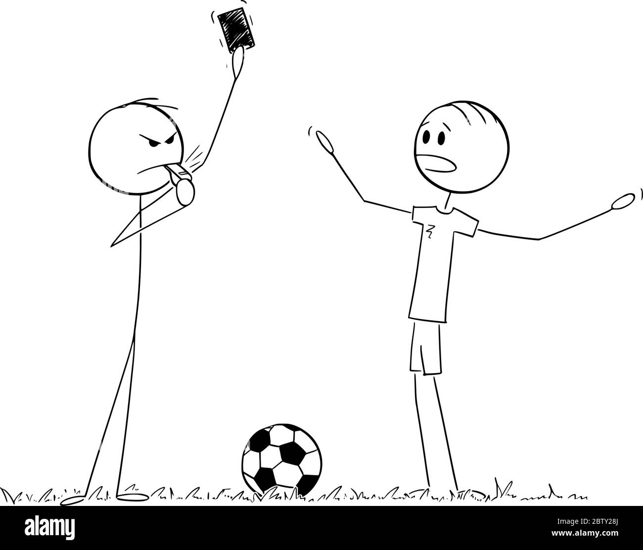 Vector cartoon stick figure drawing conceptual illustration of serious football or soccer referee showing red card to player. Stock Vector