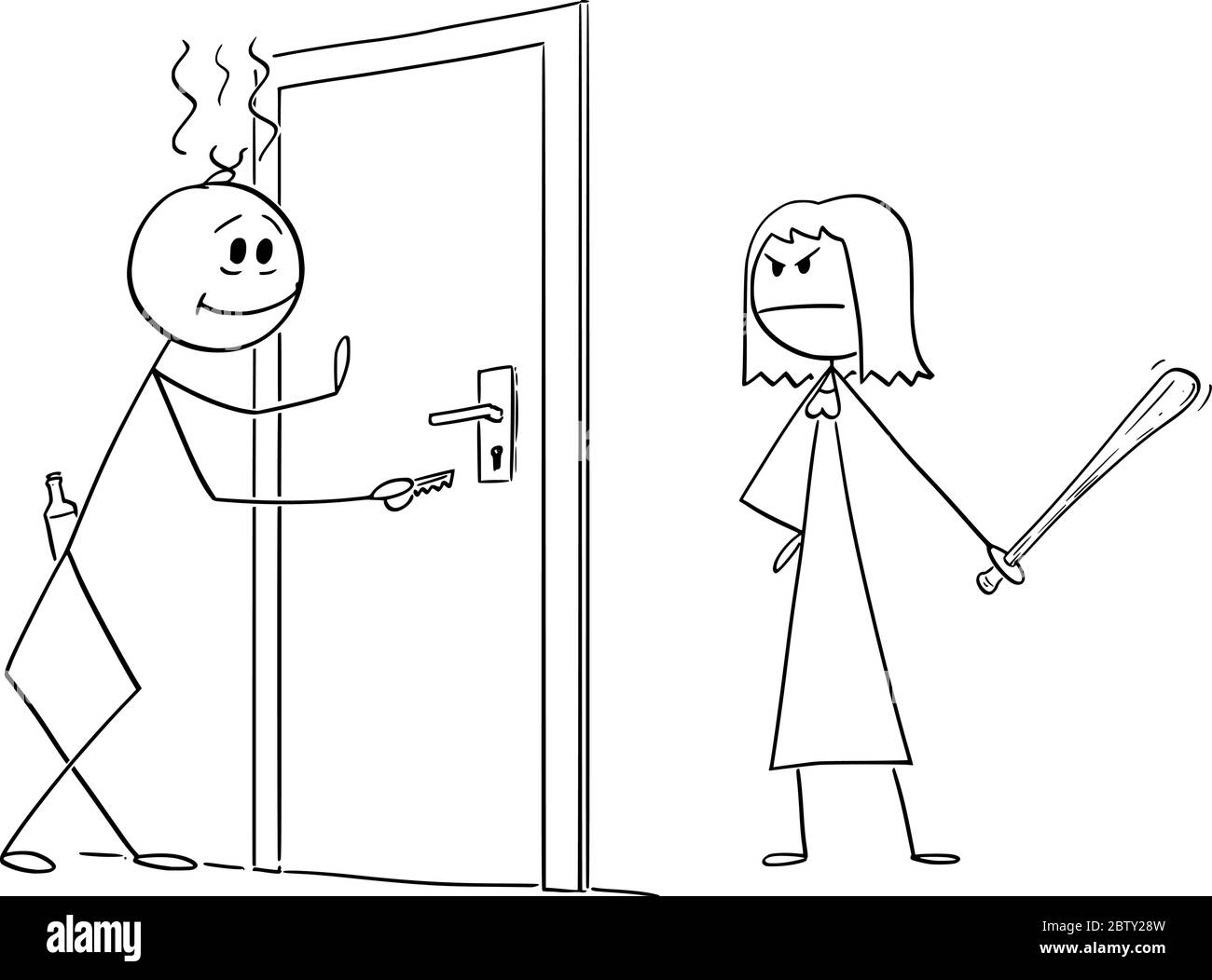 Vector cartoon stick figure drawing conceptual illustration of drunk man returning home. Angry wife is waiting for him. Concept of alcoholism. Stock Vector