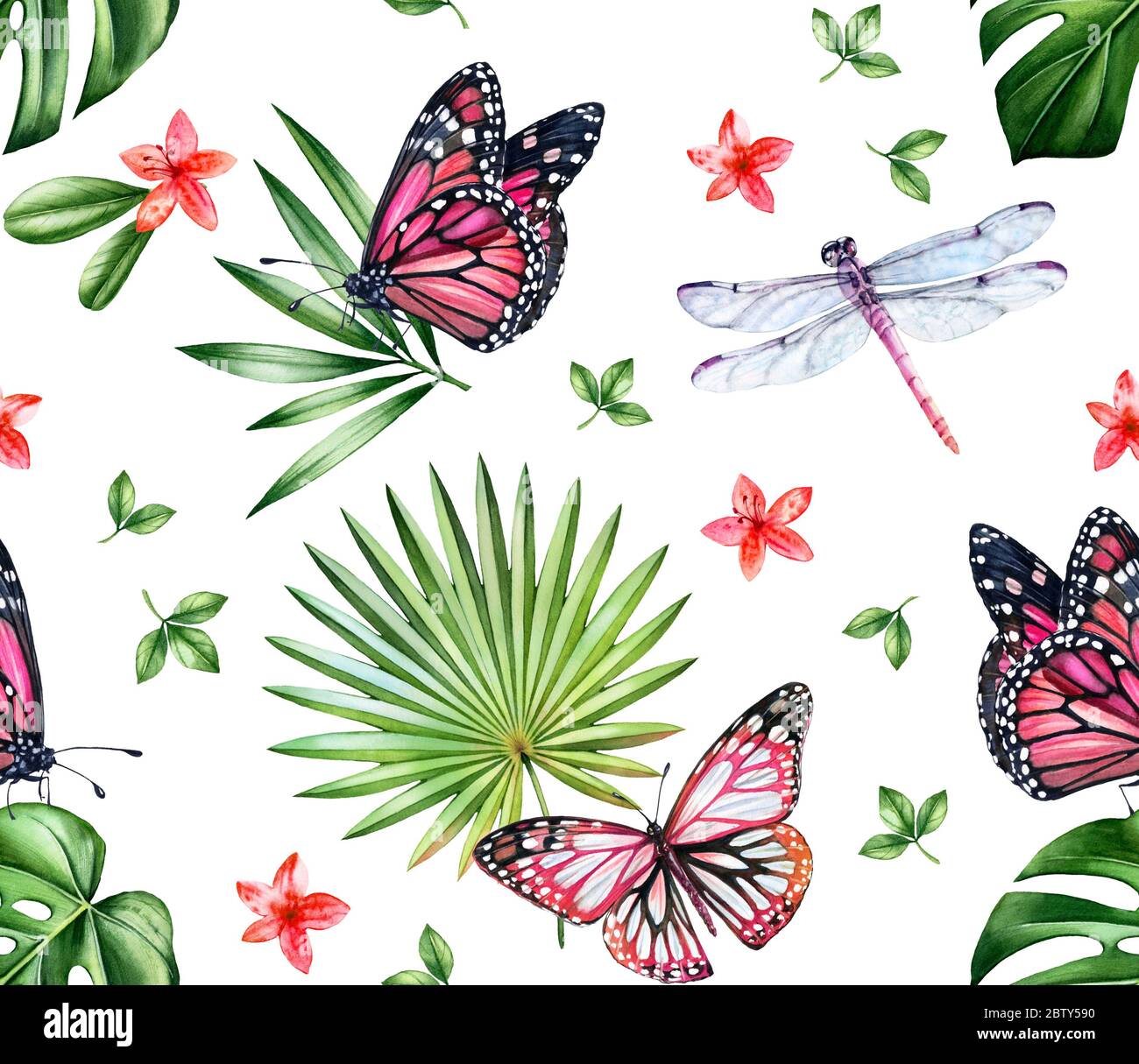 Watercolor floral seamless pattern. Pink monarch butterflies, dragonflies and palm leaves on white background. Tropical botanical hand drawn Stock Photo