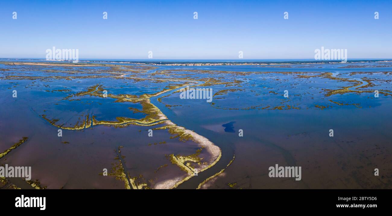 Aerial View of Ribeira das Teixugueiras near the Aveiro Lagoon at Pardilho, Aveiro, Portugal. Stock Photo