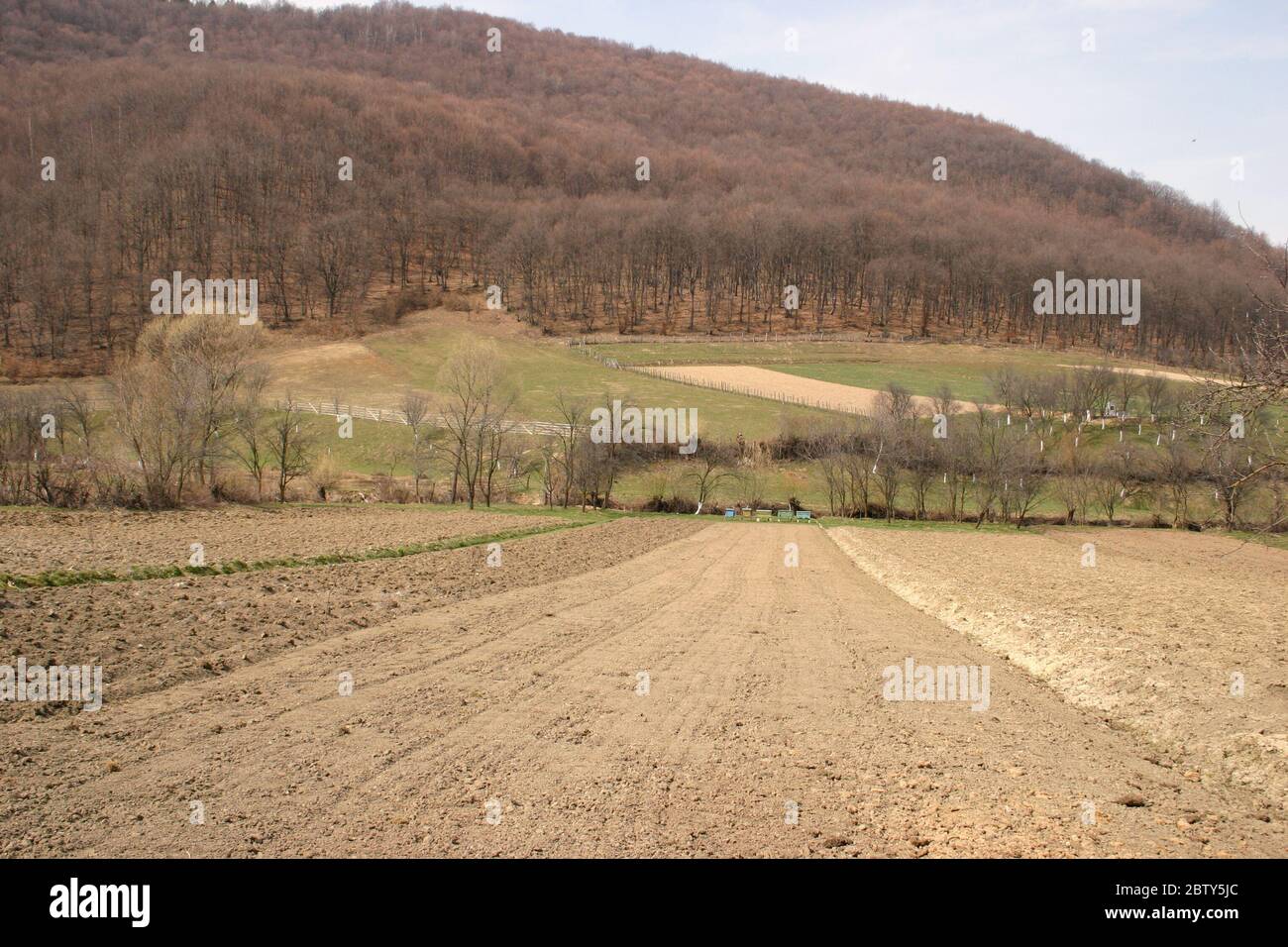 Covasna County, Romania. Plowed field in springtime. Stock Photo