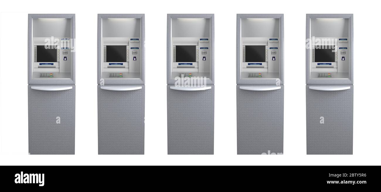 Line of five atm machines isolated on white Stock Photo