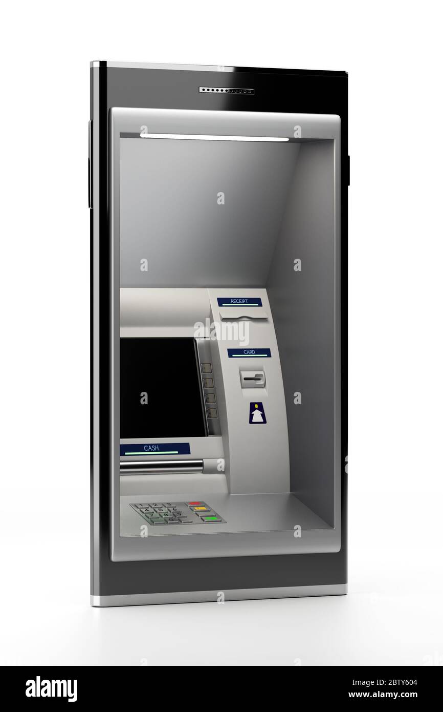 Mobile phone with atm machine Stock Photo