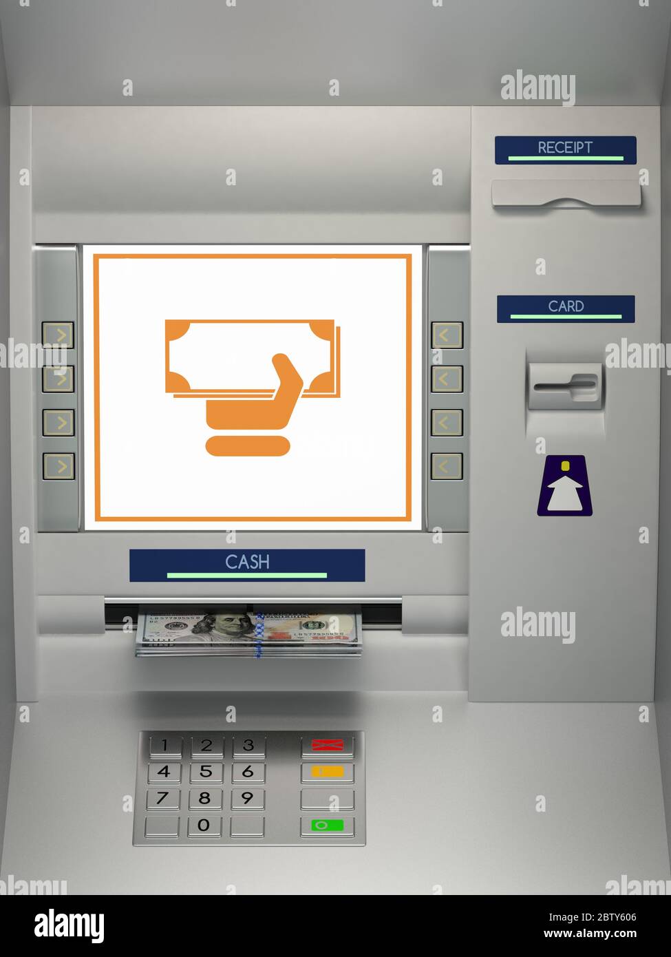 ATm machine with banknotes in the money slot Stock Photo