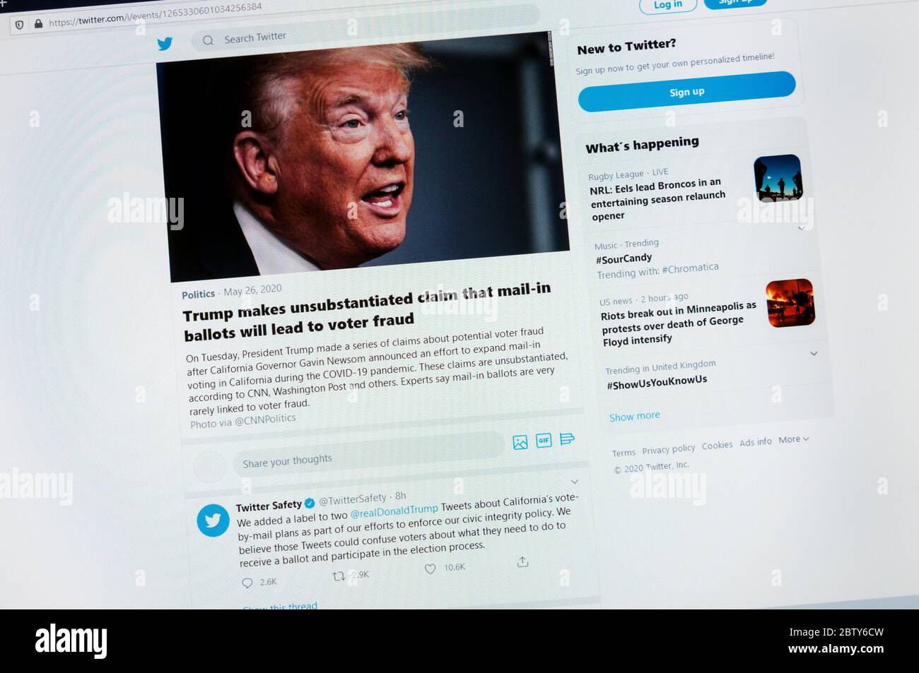 Twitter has flagged two of Donald Trump's tweets with a warning 'Get the Facts' flag, alerting readers to their innaccuracy. They breach Twitter's Civic Integrity Policy.  See 2BTY6D5 for Twitter alert message. Stock Photo