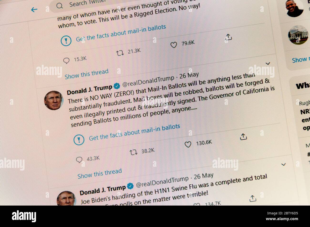 Twitter has flagged two of Donald Trump's tweets with a warning 'Get the Facts' flag, alerting readers to their innaccuracy. They breach Twitter's Civic Integrity Policy.  See 2BTY6CW for Twitter information. Stock Photo