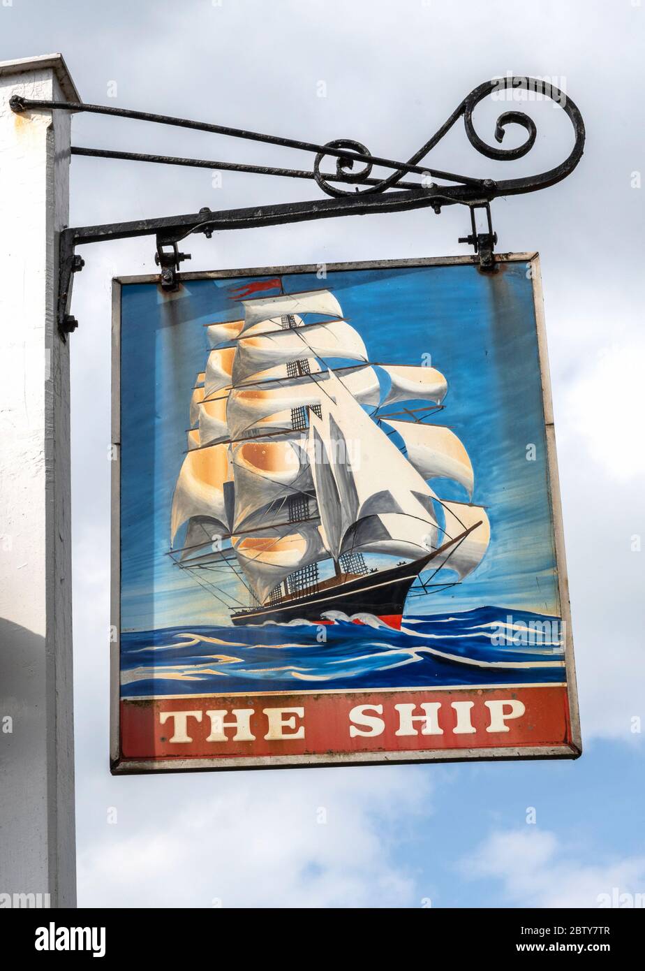 Traditional hanging pub sign at  The former public house The Ship ( grade II listed)  South Harting, West Sussex, England, UK Stock Photo