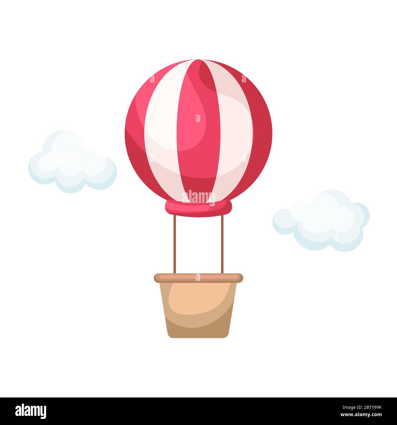 Red striped hot air-balloon with brown basket with white clouds for design of album, scrapbook, card and invitation. Flat cartoon vector illustration Stock Vector