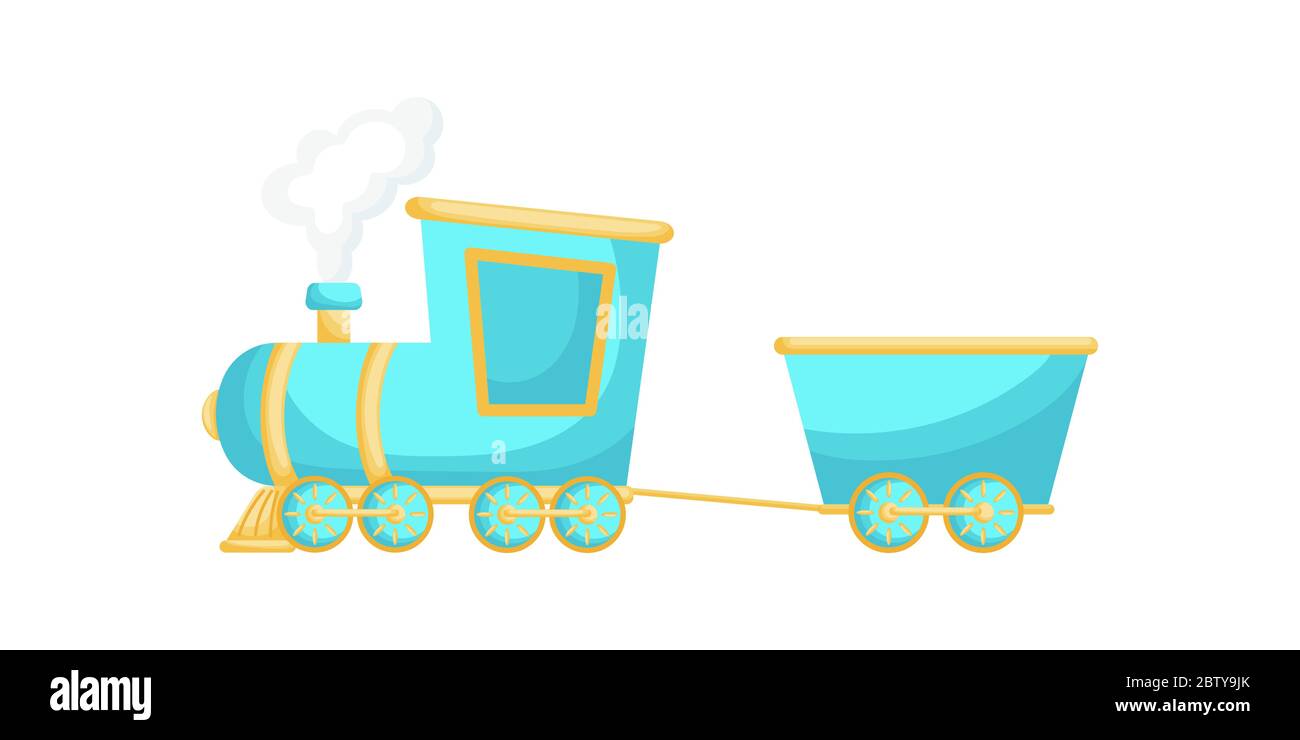 Turquoise-yellow cartoon train for children isolated on white background, colorful train in flat style, simple design. Flat vector illustration Stock Vector