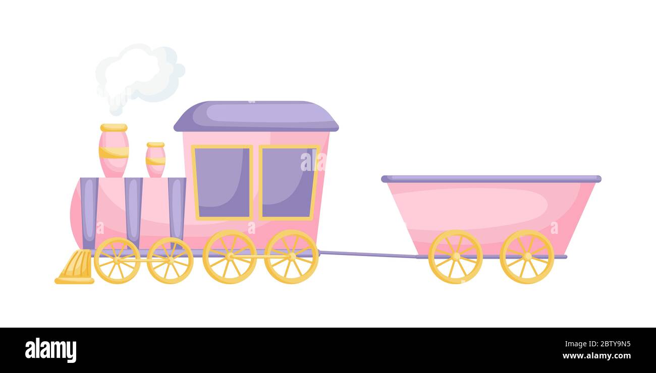 Pink-purple cartoon train for children isolated on white background, colorful train in flat style, simple design. Flat cartoon vector illustration Stock Vector