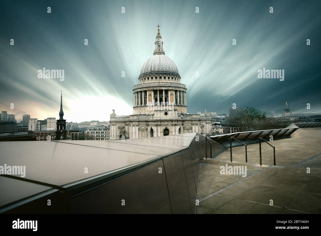St. Pauls Cathedral shot from One New Change roof Terrace, with long exposure capturing cloud movement over London skyline, London, England, United Ki Stock Photo