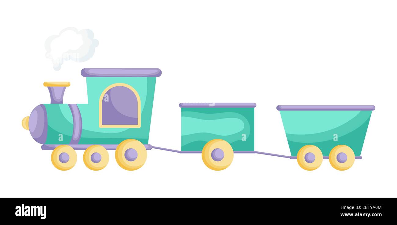 Green-purple cartoon train for children isolated on white background, colorful train in flat style, simple design. Flat cartoon vector illustration Stock Vector
