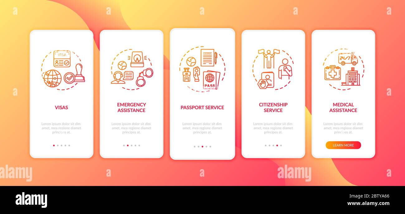 Embassy support onboarding mobile app page screen with concepts Stock Vector