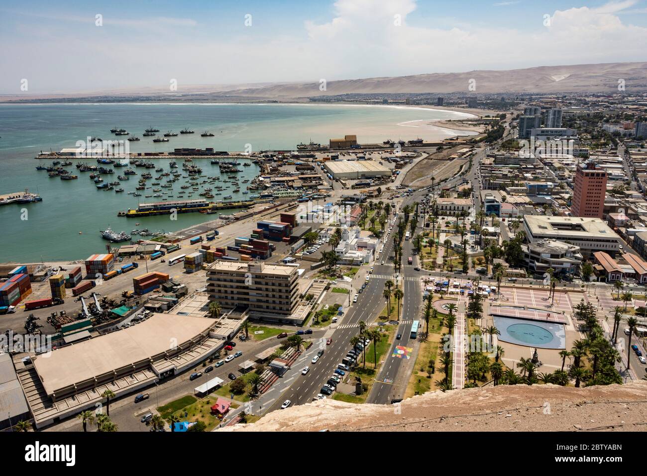 Port and downtown seen from the top of El Morro de Arica, Arica, Chile, South America Stock Photo