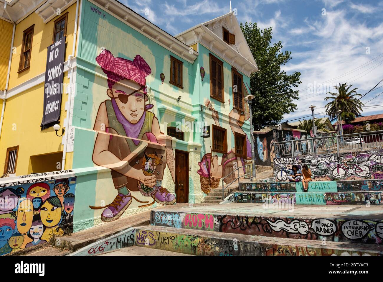 Street art in the old town above the ascensor funiculars, Valparaiso, Chile, South America Stock Photo