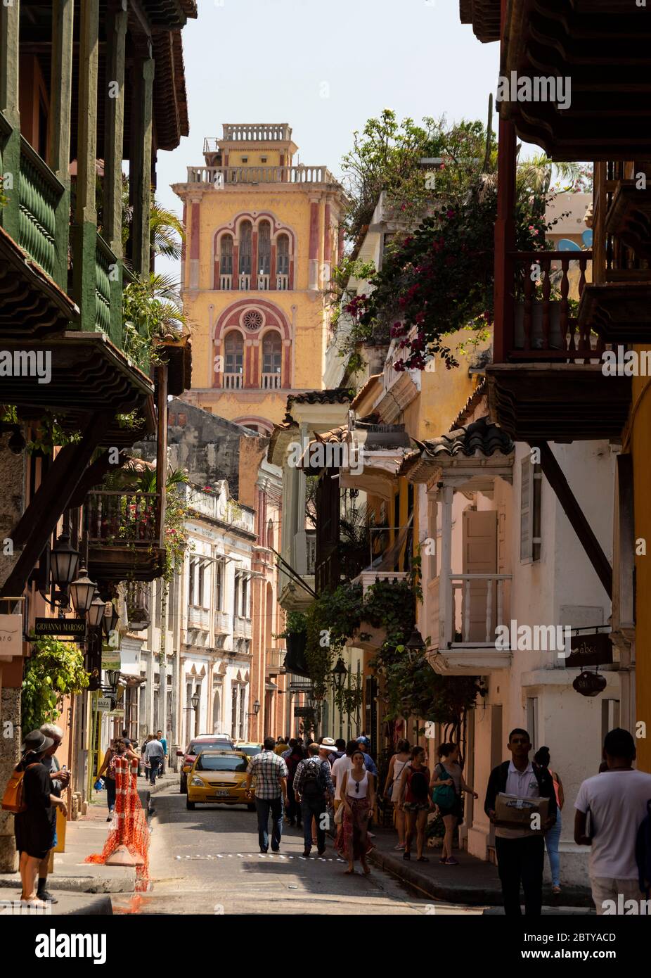 Tower of University in Cloisters of San Agustin, seen along Calle de Estrella, Cartagena, Colombia, South America Stock Photo