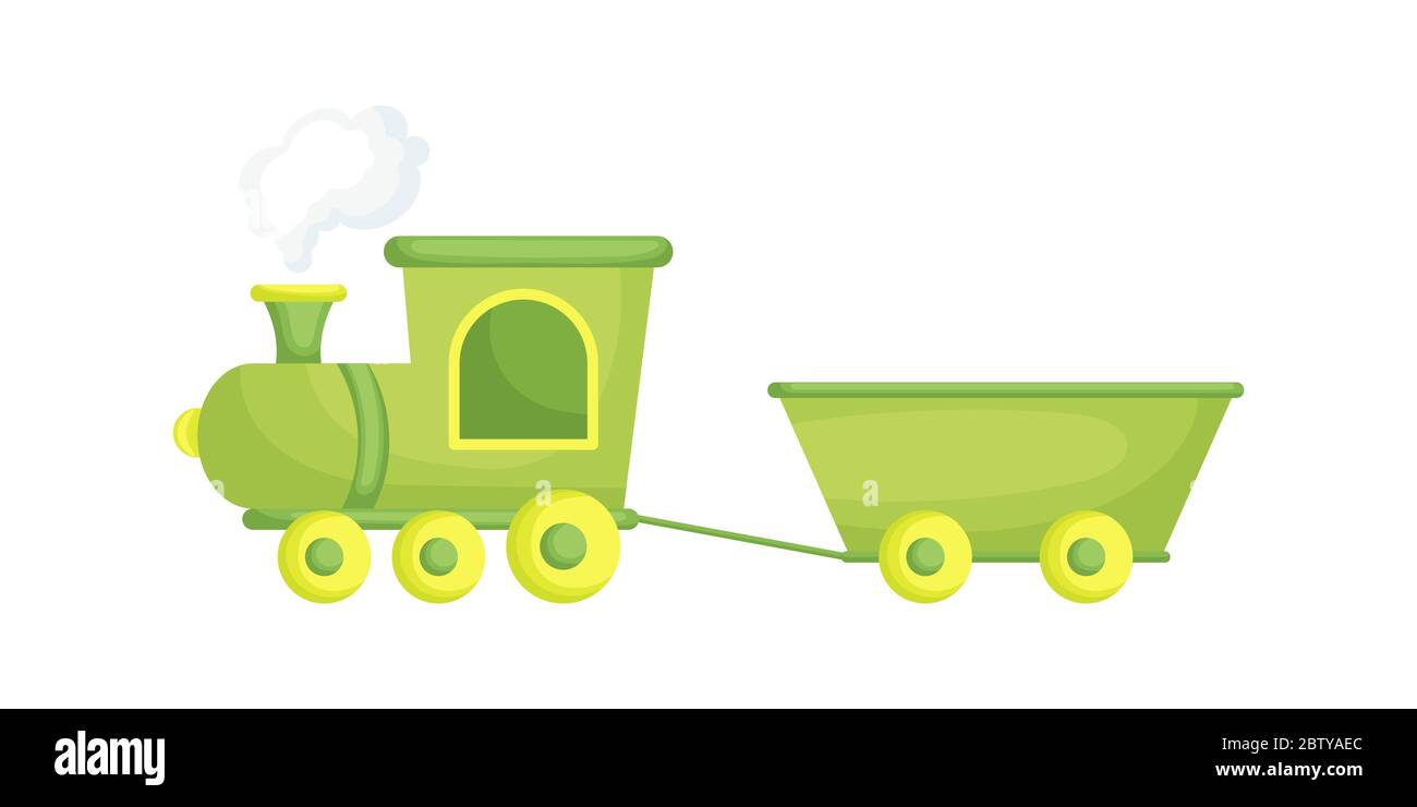 Green-yellow cartoon train for children isolated on white background, colorful train in flat style, simple design. Flat cartoon vector illustration Stock Vector