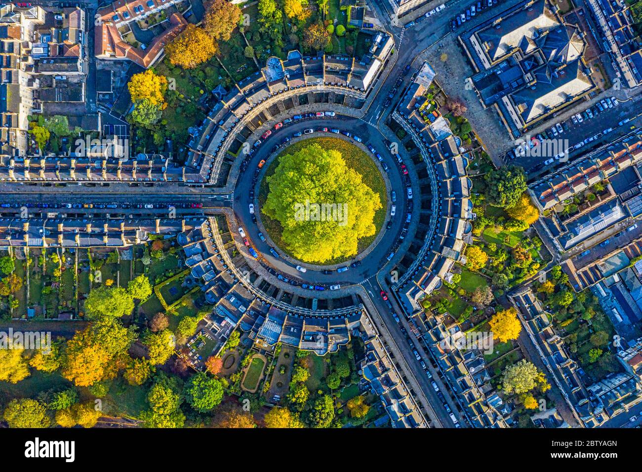 Aerial view by drone over the Georgian housing of The Circus, UNESCO World Heritage Site, Bath, Somerset, England, United Kingdom, Europe Stock Photo