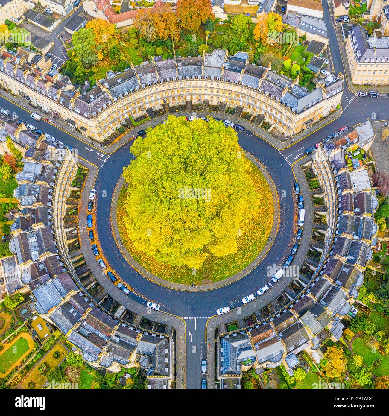 Aerial view by drone over the Georgian housing of The Circus, UNESCO World Heritage Site, Bath, Somerset, England, United Kingdom, Europe Stock Photo