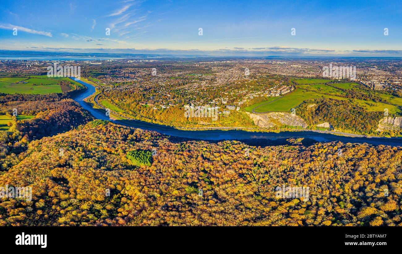 Aerial view over the Avon Gorge, the Downs and city centre, Bristol, England, United Kingdom, Europe Stock Photo