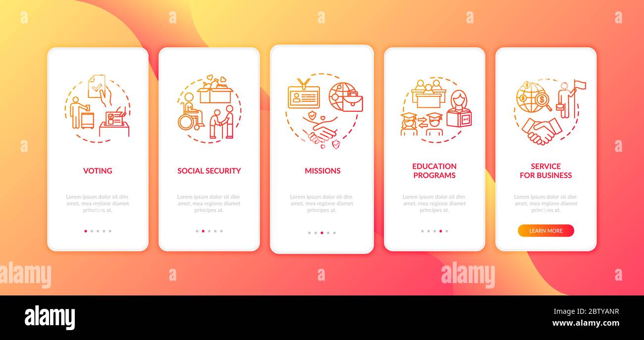 State organization onboarding mobile app page screen with concepts Stock Vector
