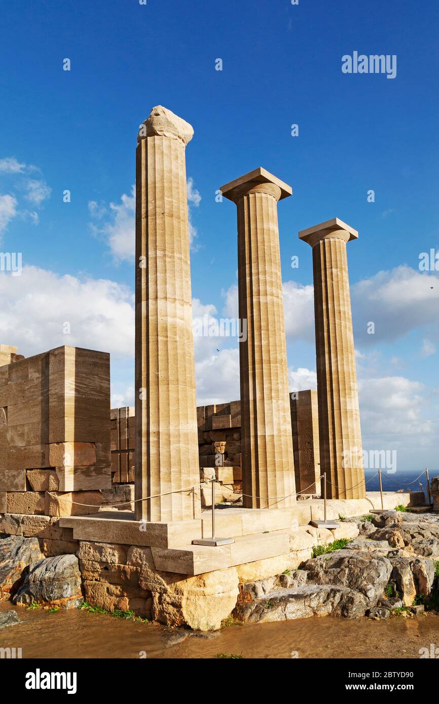 Temple of Athena Lindia, an Ancient Greek place of worship dedicated to Athena, on the acropolis at Lindos on Rhodes, Dodecanese, Greek Islands, Greec Stock Photo