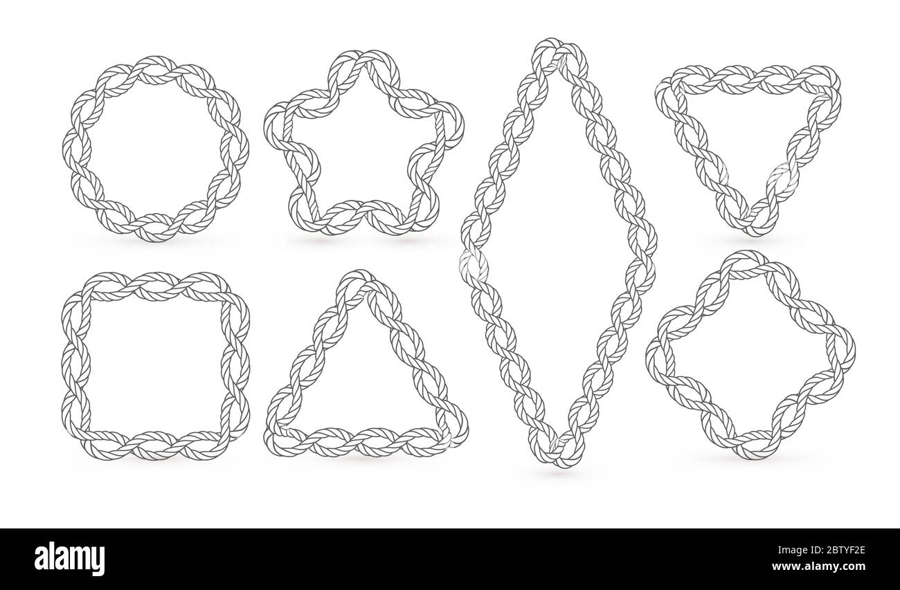 Rope photo frames icons set. Nautical decorative elements collection. Retro sailor knots. Vintage seaman equipment vector illustration. Isolated Stock Vector