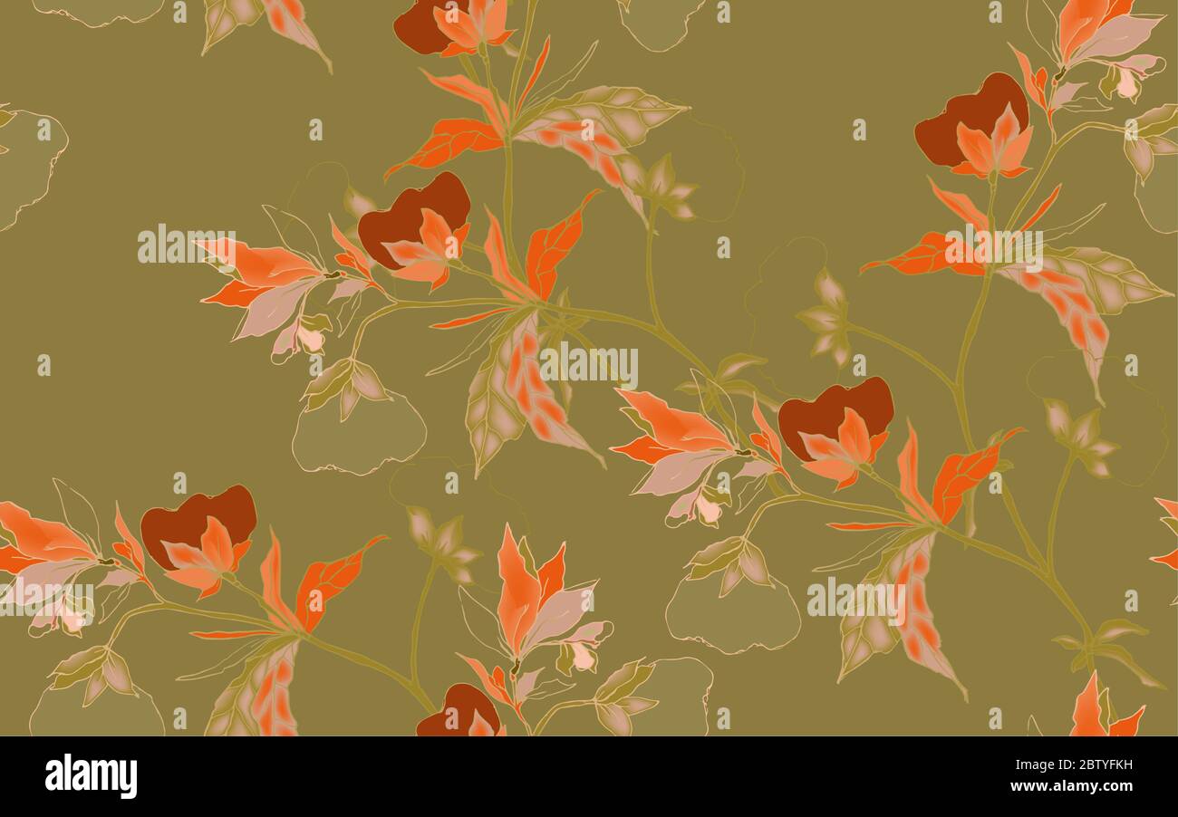 Graceful ornament of cotton flowers on a sage green color background ...
