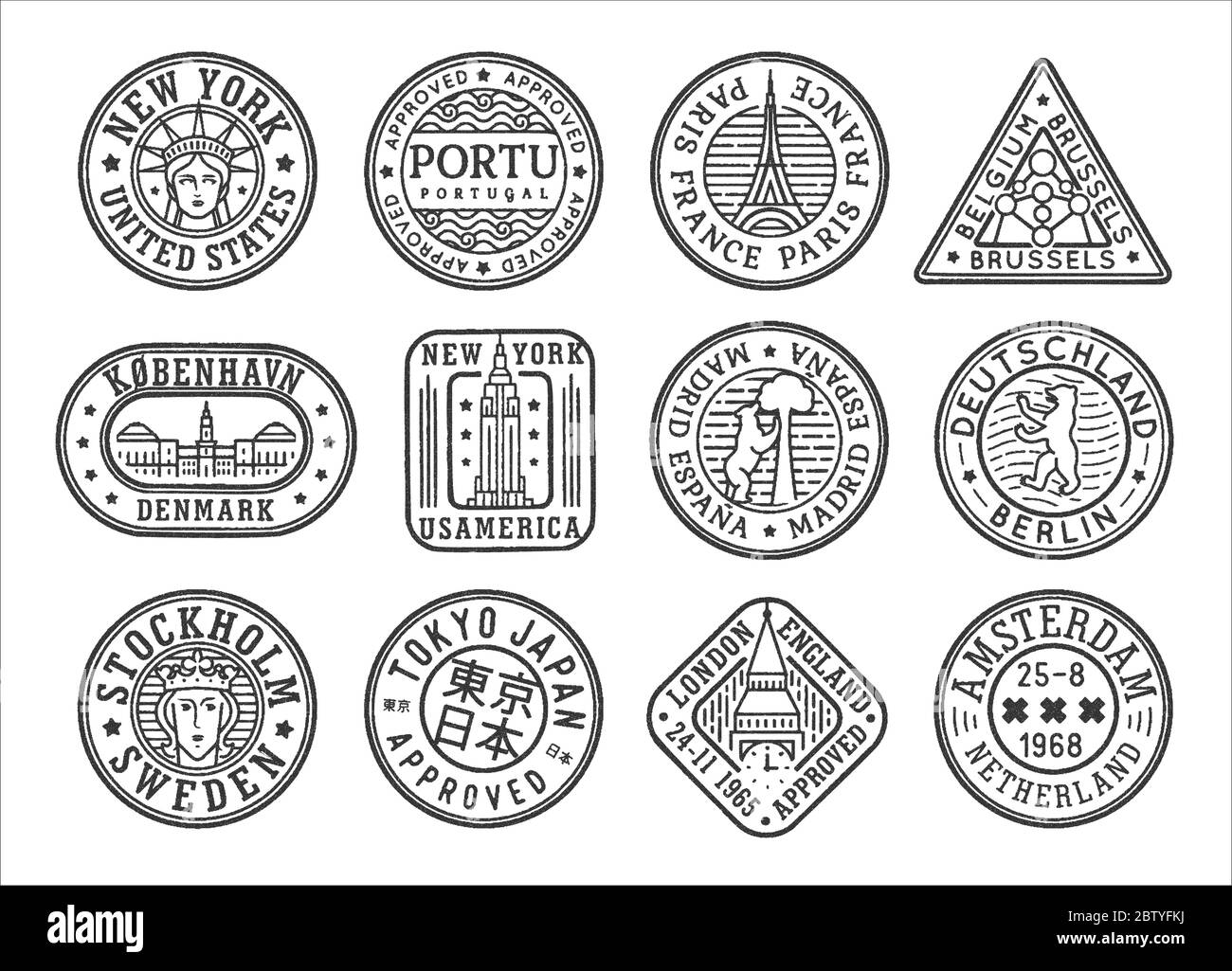 Stamp concept set with tourist attractions of world city and capital. Сoat of arm and symbol collection of city and country. Visa passport stamps Stock Vector
