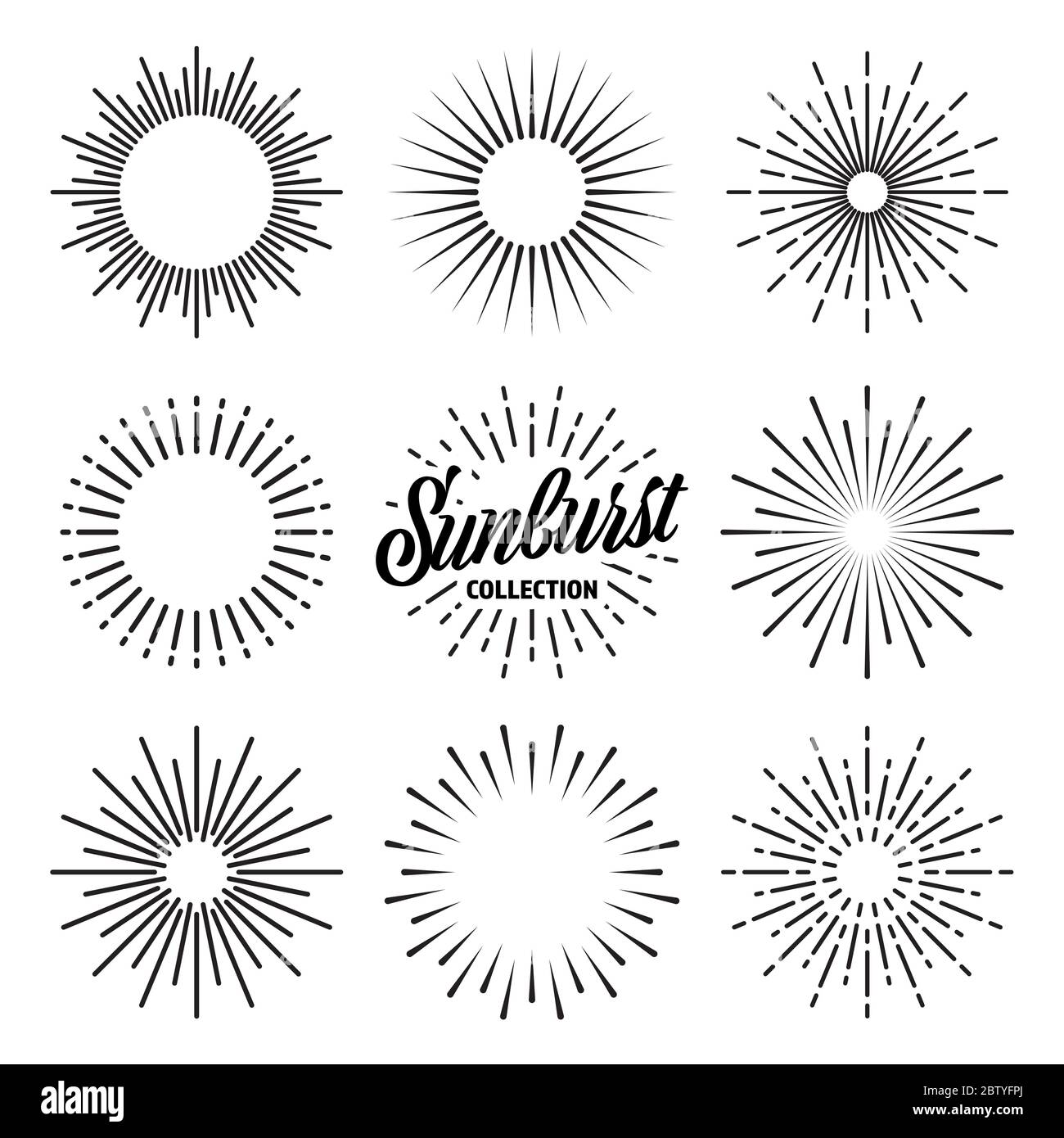 Vintage sunburst collection. Bursting sun rays. Fireworks. Logotype or lettering design element. Radial sunset beams. Vector illustration. Stock Vector