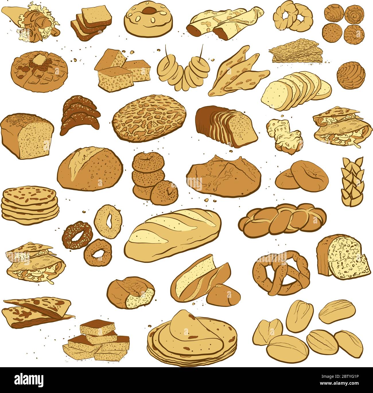 Big Collection of hand drawn bread isolated on white background with