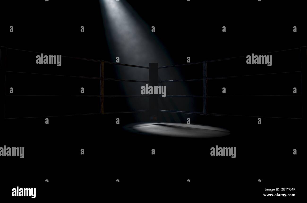 A dramatic closeup of a dimly spotlit corner of a boxing ring surrounded by ropes on a dark isolated background - 3D render Stock Photo