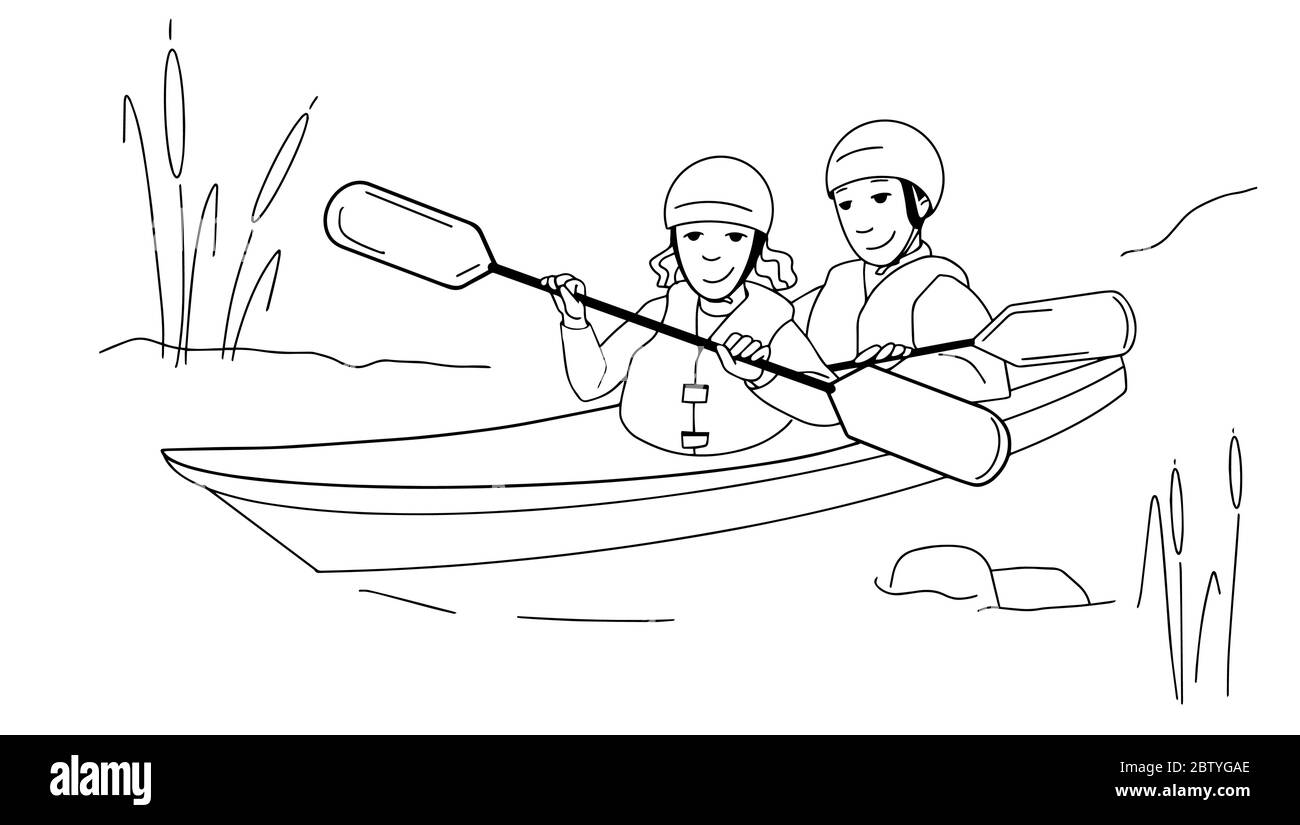 Couple man and woman kayaking on lake or river dodle sketch style. Vector illustration Stock Vector