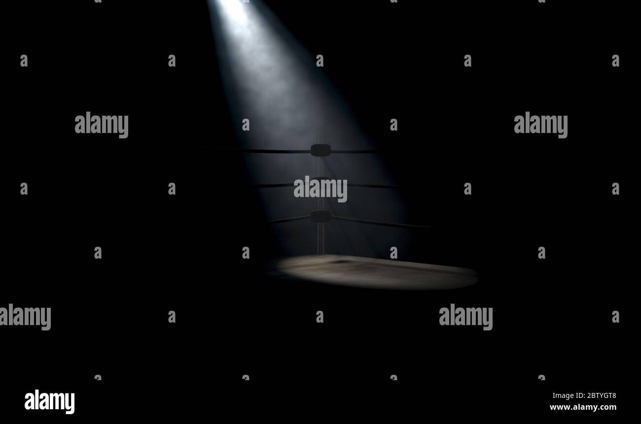 A dramatic closeup of a dimly spotlit corner of a vintage boxing ring surrounded by ropes on a dark isolated background - 3D render Stock Photo