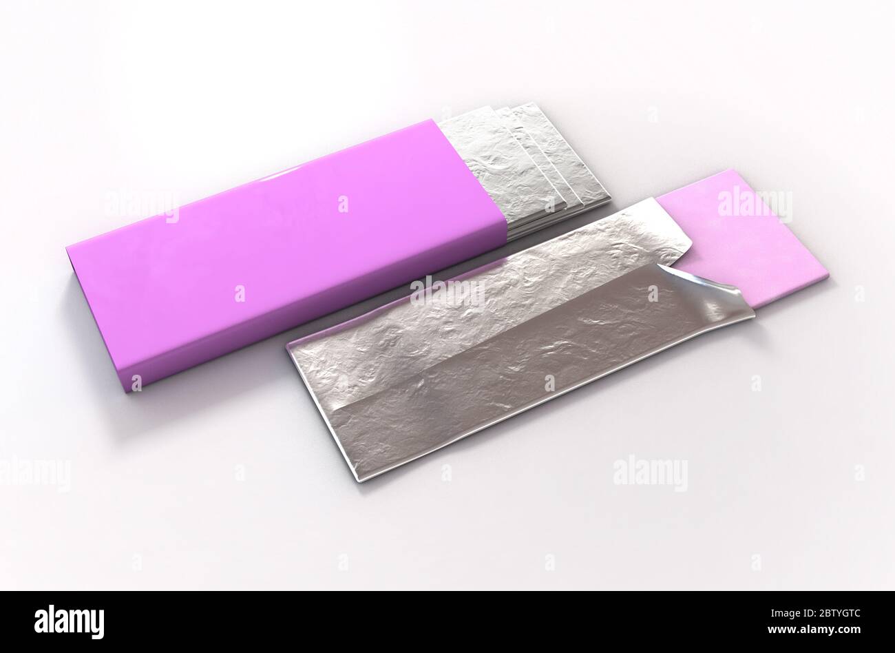 A non branded bubble gum packaging with a pink wrapper and four foiled sticks of gum protruding out - 3D render Stock Photo