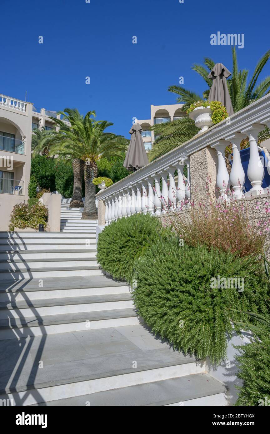 Steps leading to rooms in the grounds of the Marbella Beach Hotel, Corfu, Greece. Stock Photo