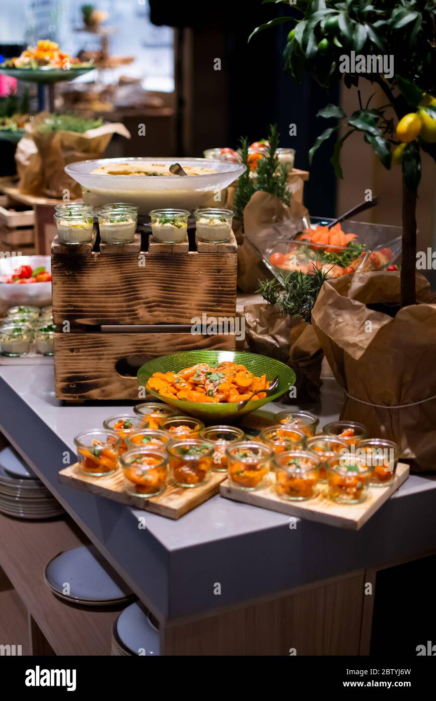 Sunday Brunch Menu with salads, meat, cheese cuts and vegetables during