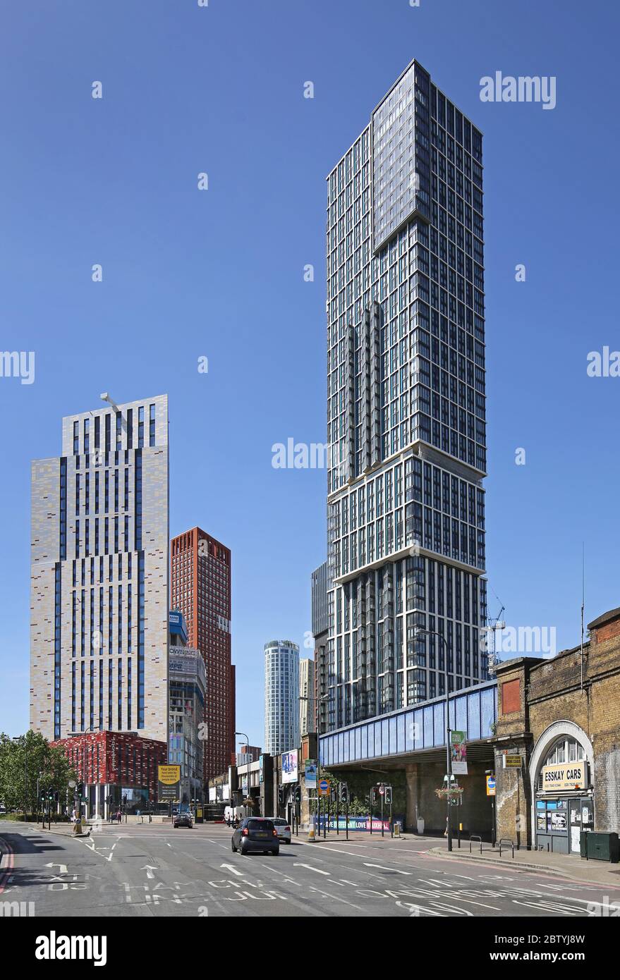 New residential towers, Vauxhall, London UK. Shows Aykon London One