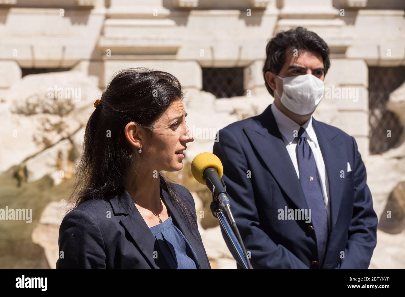 Roma, Italy. 28th May, 2020. Mayor of Rome Virginia Raggi during press conference in front of Trevi Fountain in Rome to present new sharing service for segways (Photo by Matteo Nardone/Pacific Press/Sipa USA) Credit: Sipa USA/Alamy Live News Stock Photo