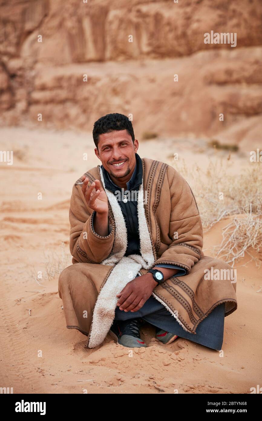 Portrait of Bedouin guide, Wadi Rum desert, Aqaba, Jordan Stock Photo