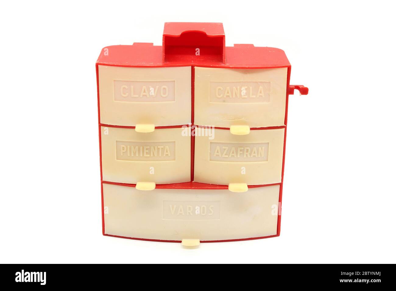 Vintage spice rack plastic box, isolated on a white background Stock Photo
