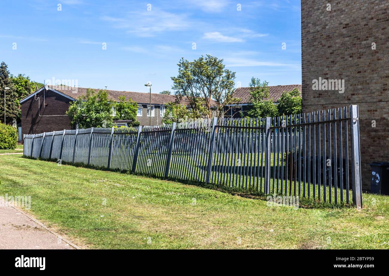 Old metal fence, Broadfields Estate, Edgware, Middlesex, England, UK