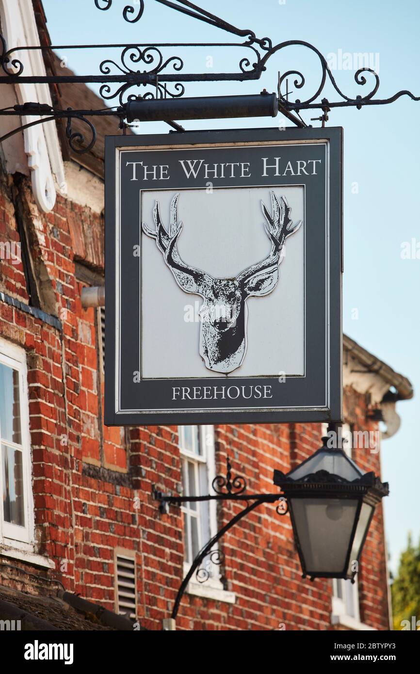 The White Hart pub sign, Chobham, Surrey, England, UK Stock Photo