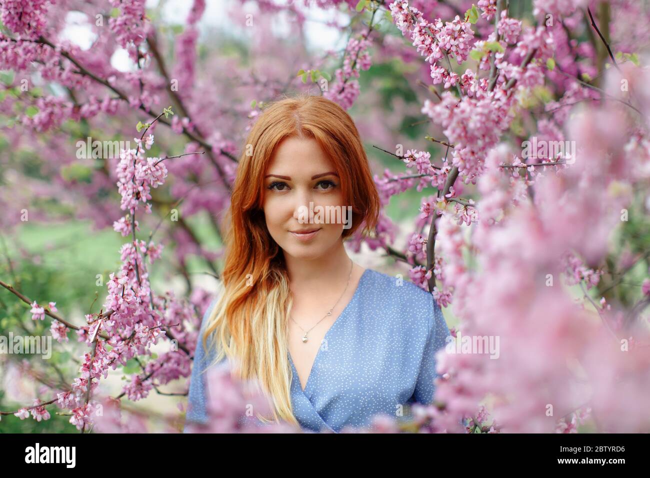 Beautiful smilling redhead woman in spring time blossom cherrytrees garden. Perfect time for a walk. Enjoy the spring and sunny day. Social media, bea Stock Photo