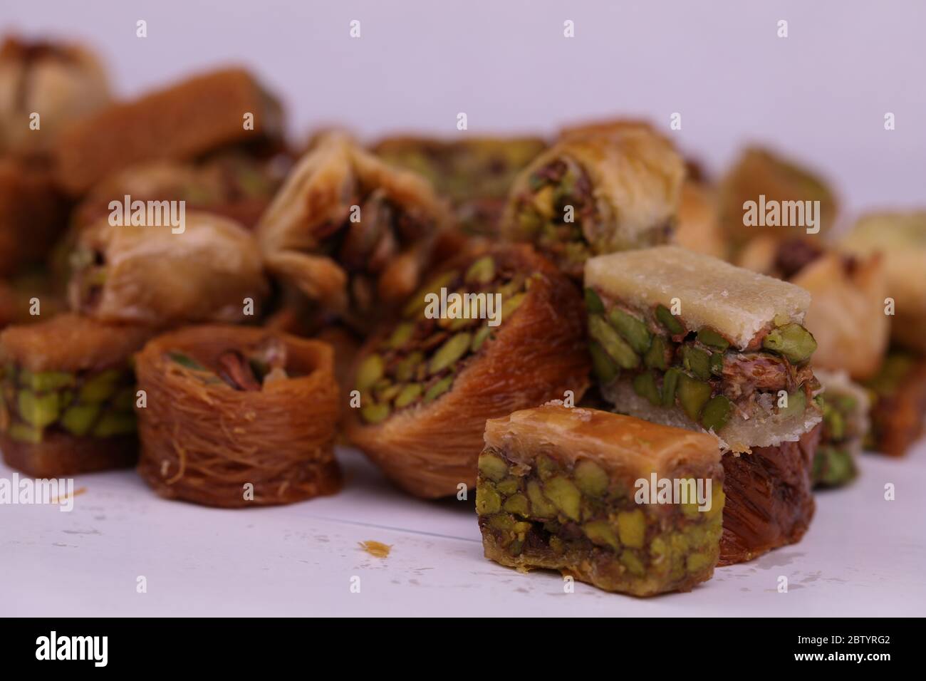 October 20, 2019: A tray of sweet Syrian pastries. Pastry desserts are very popular in the Middle East, Greece, Turkey, and Armenia. They tend to be very sweet, filled with nuts and often being soaked in honey, syrup, or both Credit: Muhammad Ata/IMAGESLIVE/ZUMA Wire/Alamy Live News Stock Photo