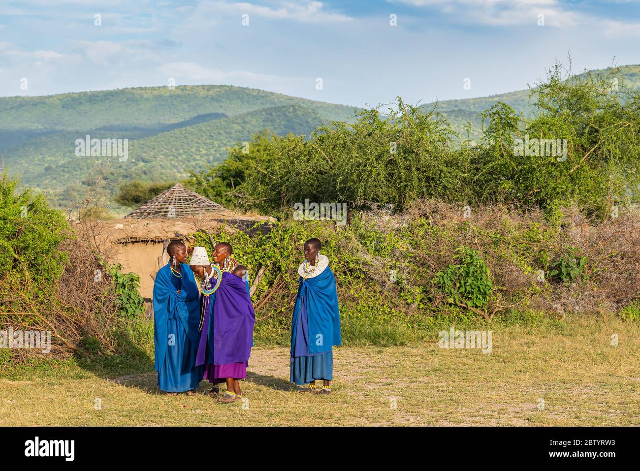 TANZANIA, AFRICA-FEBRUARY 15, 2020: Masai women with traditional ornaments, review of daily life of local people, Tanzania. Stock Photo