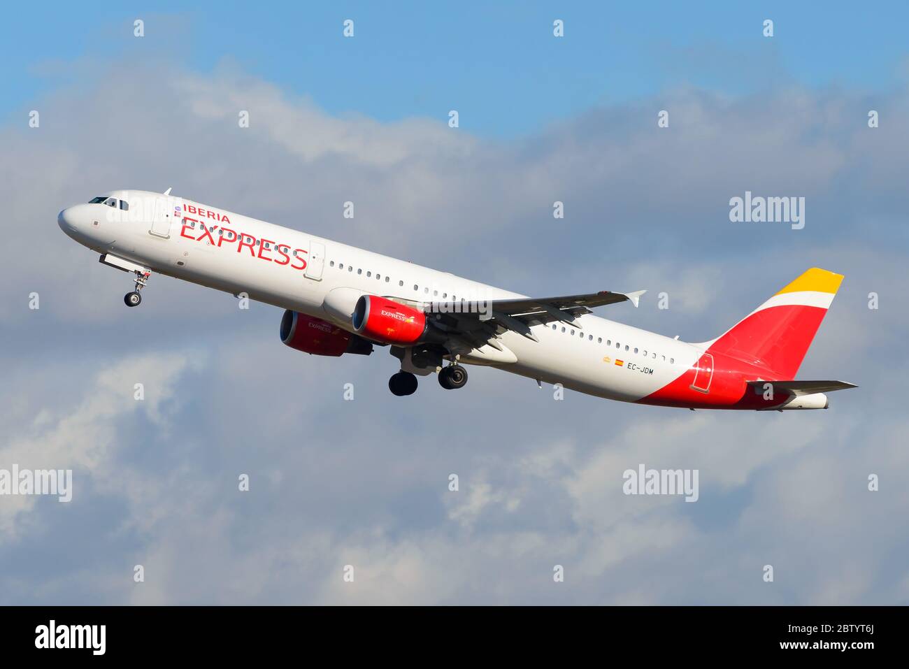 Iberia Express Airbus A321 taking off from Madrid Barajas Airport in Spain. Airplane registered as EC-JDM departing from is hub. Stock Photo