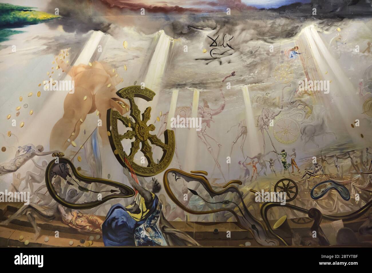 Detail of the ceiling painting by Spanish surrealist painter Salvador Dalí (1974) in the Palace of the Wind Room in the Salvador Dalí Theatre and Museum in Figueres, Catalonia, Spain. The signature of Salvador Dalí is seen in upper part of the detail. Stock Photo
